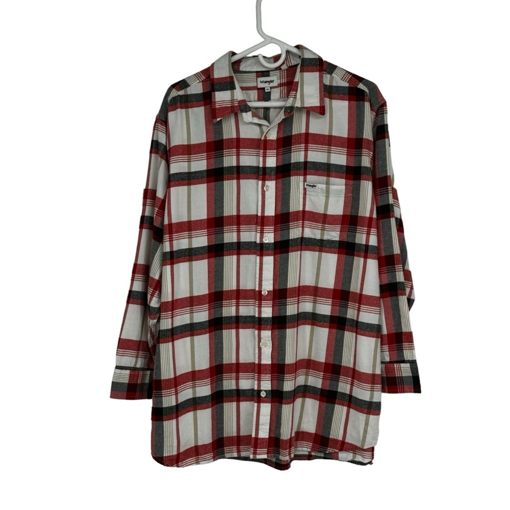 *Mens Wrangler XL Red/Black/Tan/White Plaid Cotton Flannel Button Down Shirt